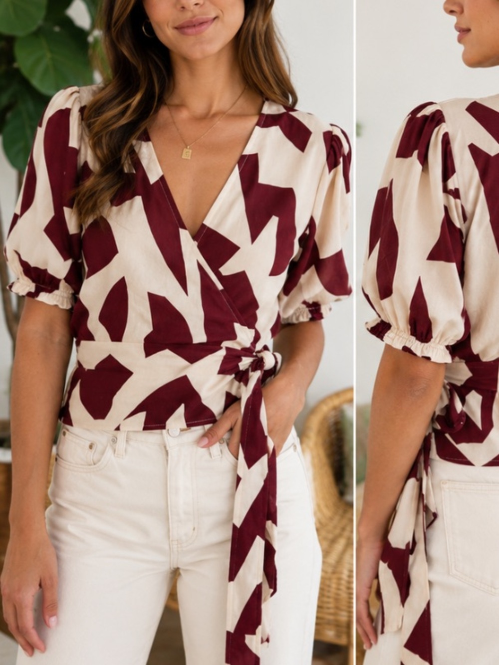 Cynthia Rowley Burgundy Cream Abstract Print Wrap Top Puff Sleeve Tie Waist Sz L